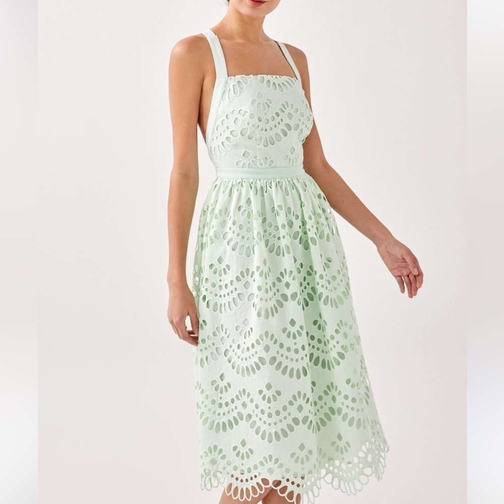 Love, Bonito Mint Green Cross Back Lace Perforated Full Skirt Midi Dress 6